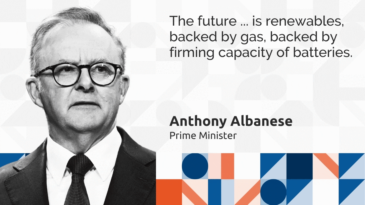 A GIF image showing quotes about energy policy from Anthony Albanese, Peter Dutton, David Pocock, James Patterson and Katy Gallagher.