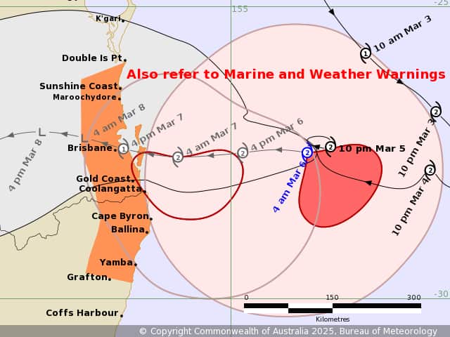 A map showing the forecast path of Cyclone Alfred.
