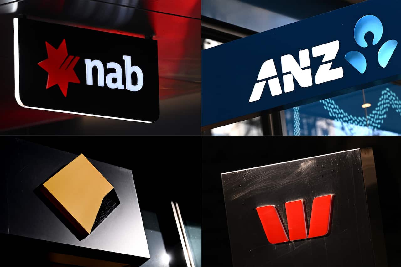 Signs showing the logos of NAB, ANZ, Commonwealth Bank and Westpac.