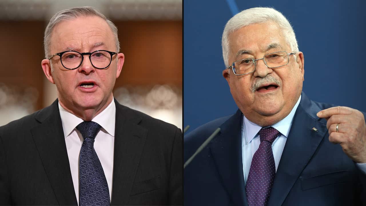 A composite image of Anthony Albanese and Mahmoud Abbas