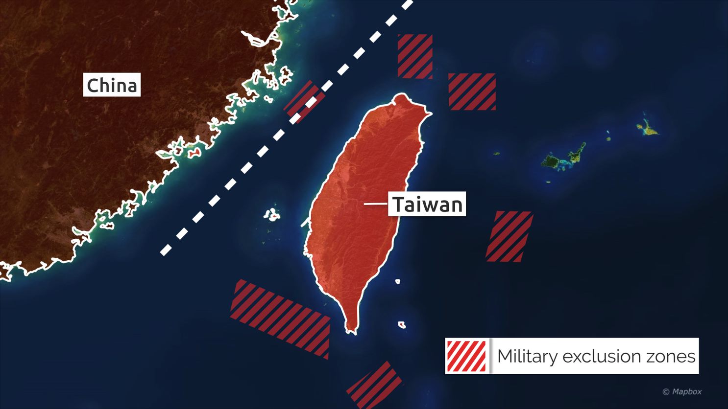 The location of six exclusion zones China announced around Taiwan for its military drills 