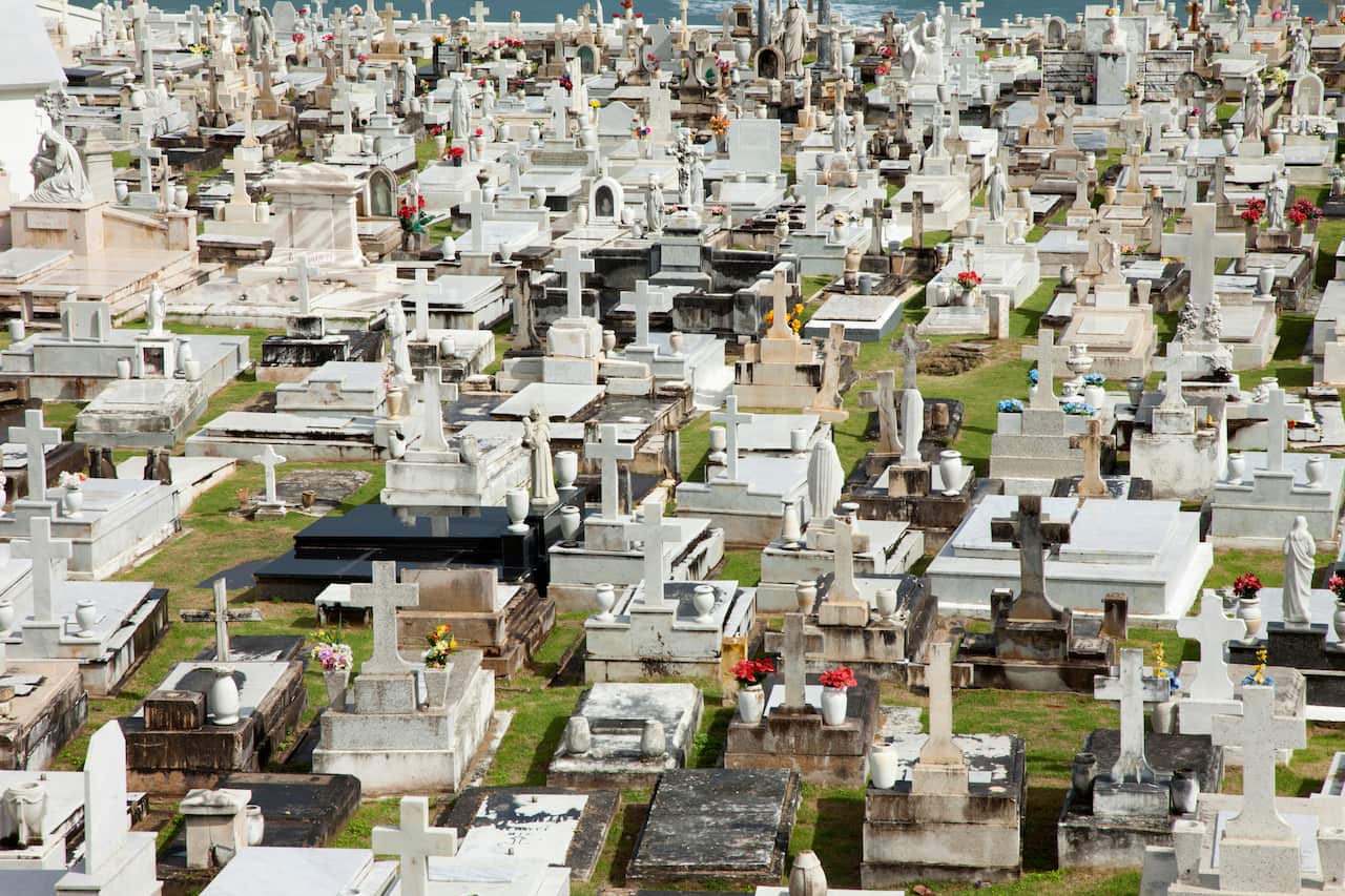 An aerial view of a cemetery.
