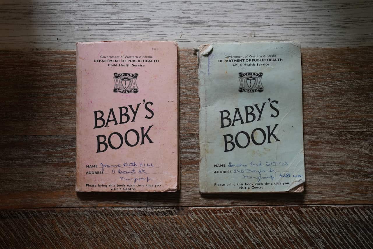 Two baby books, one pink for a girl and one blue for a boy.