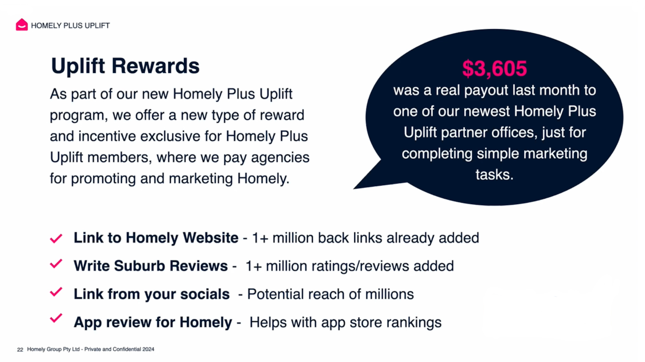 A slide showing the various marketing tasks Uplift participants must complete to access cash payments. 