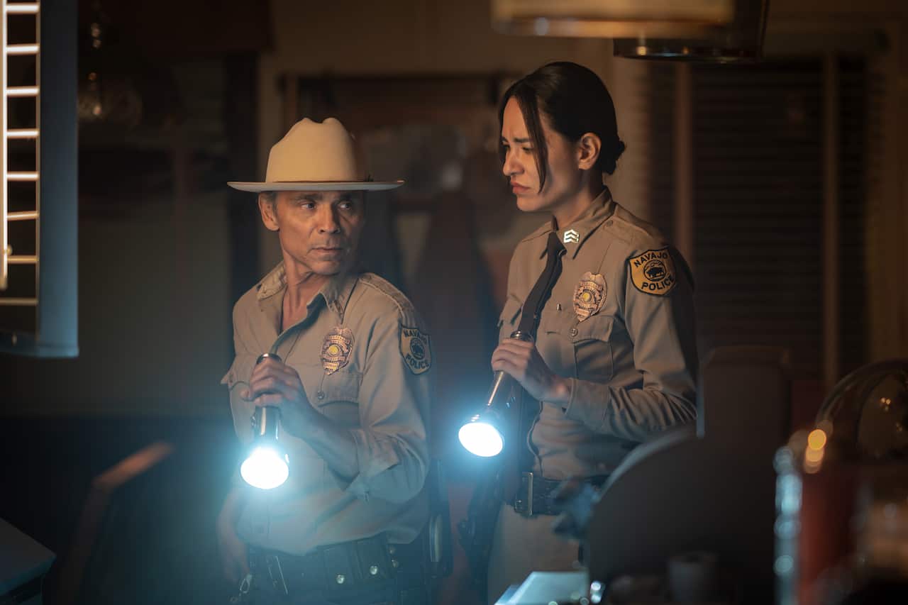 Joe Leaphorn (Zahn McClarnon) and Bernadette Manuelito (Jessica Matten) in 'Dark Winds'.