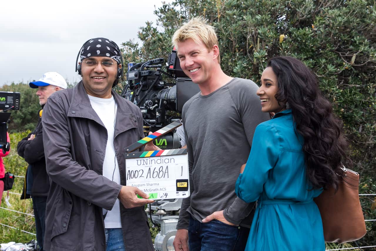 BTS.7383.unindian.DirectorProducer Anupam Sharma, Brett Lee and Tannishtha Chatterjee on set.Photo Kate Ryan.jpg