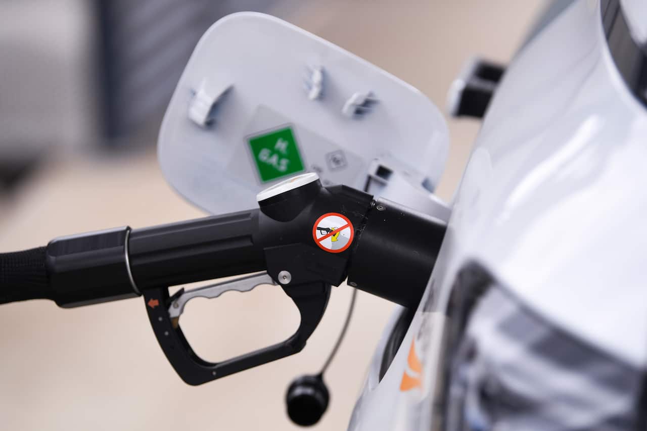 A Hyundai Nexo Hydrogen vehicle is refuelled at a Hydrogen refuelling station in Canberra.