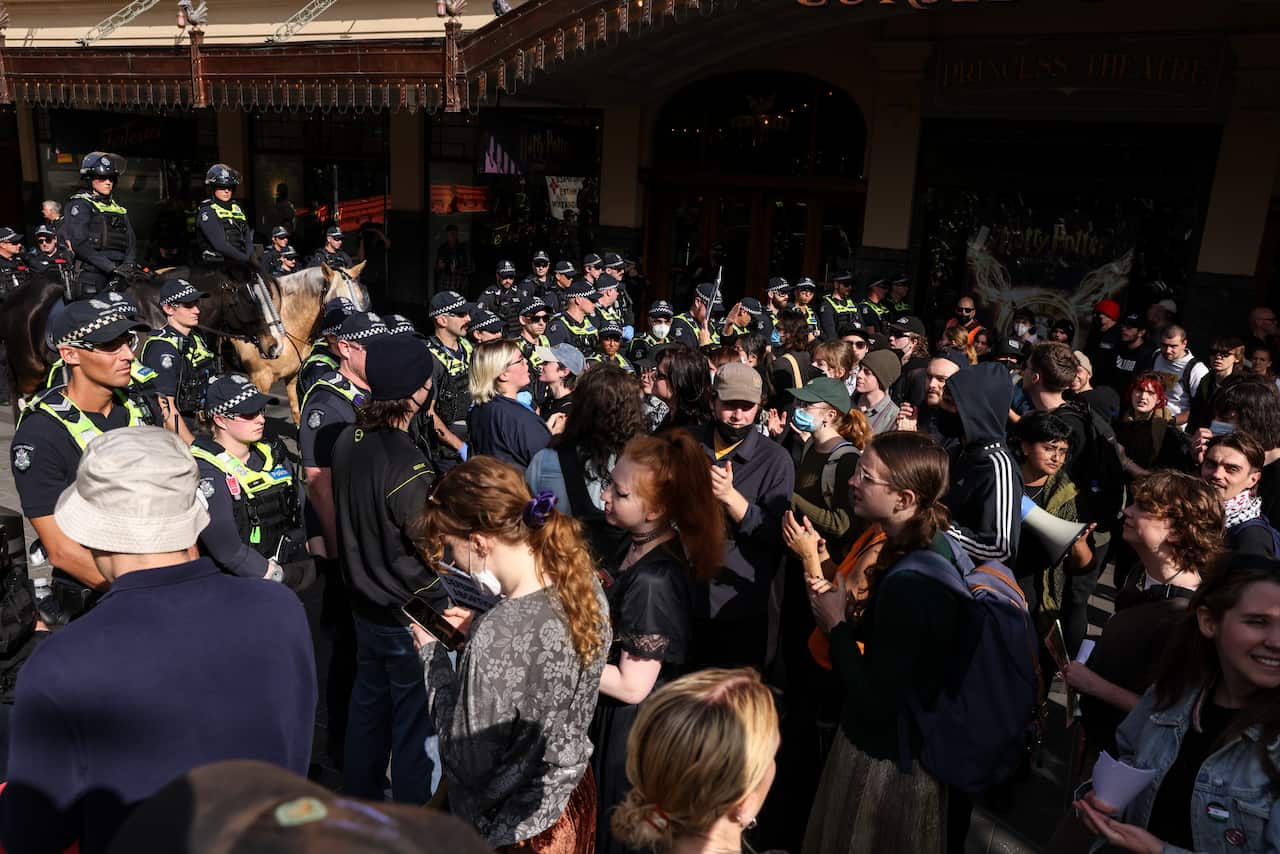 A police line in front of a crowd of protesters.