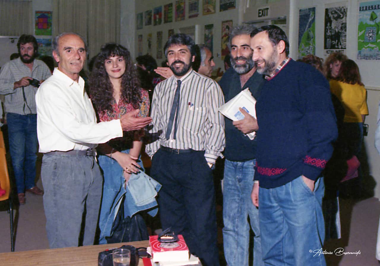 Dimitris Tsaloumas (first from left) and Mimis Sophokleous at Antipodes Festival, Melbourne, 1990