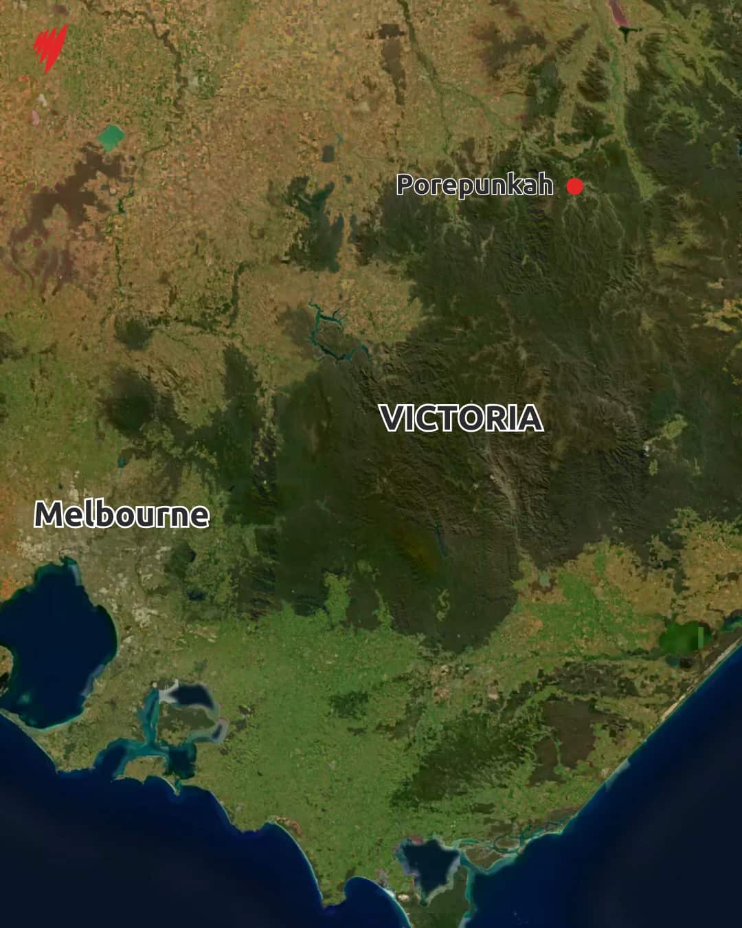 A map showing where the town of Porepunkah is in relation to Melbourne and the rest of Victoria.