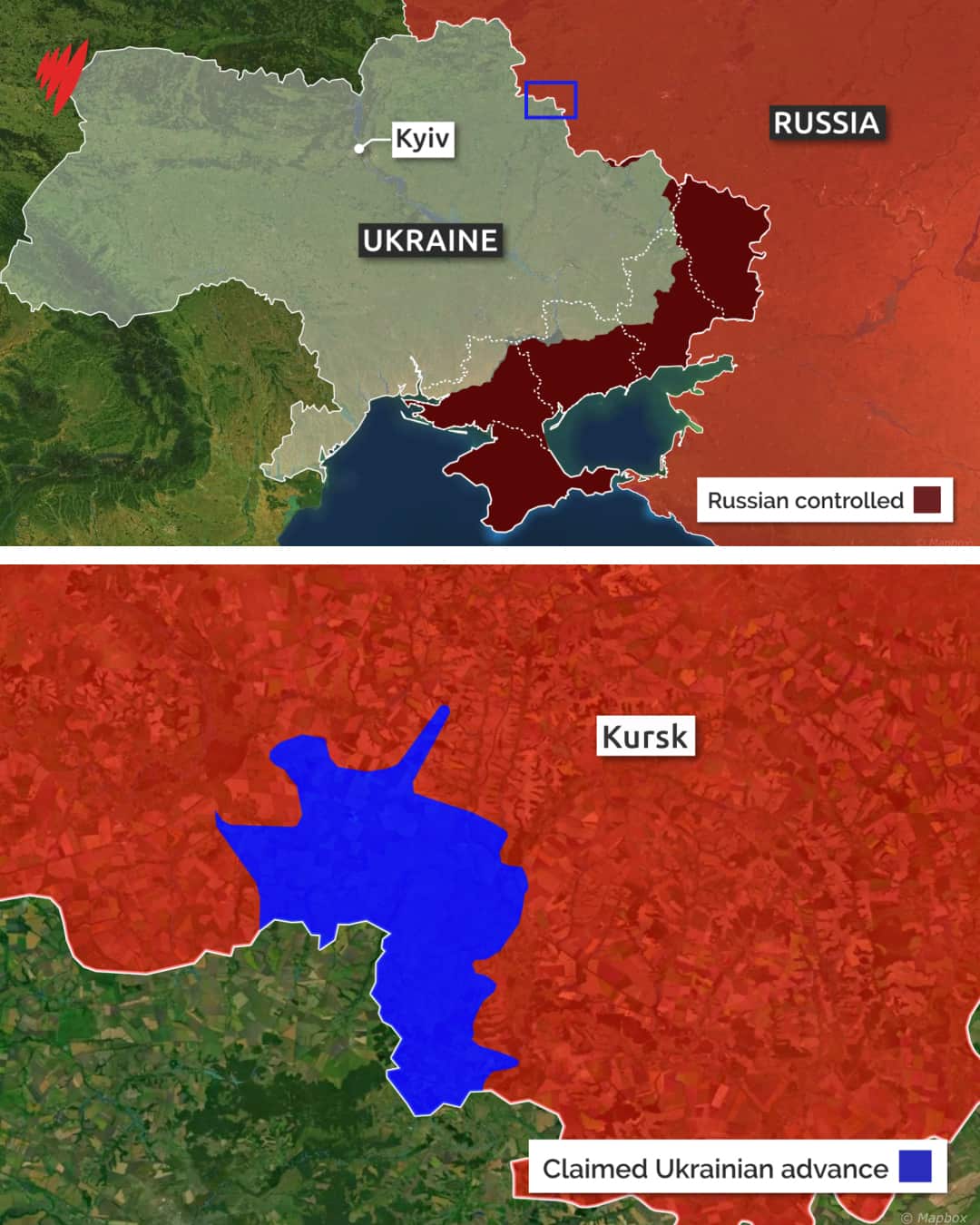 A map depicting Ukraine's incursion into Russia.