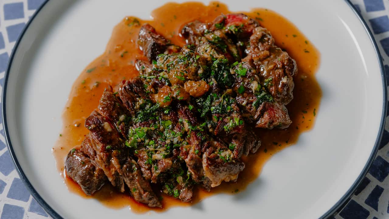 Beef with anchovy, garlic veal jus