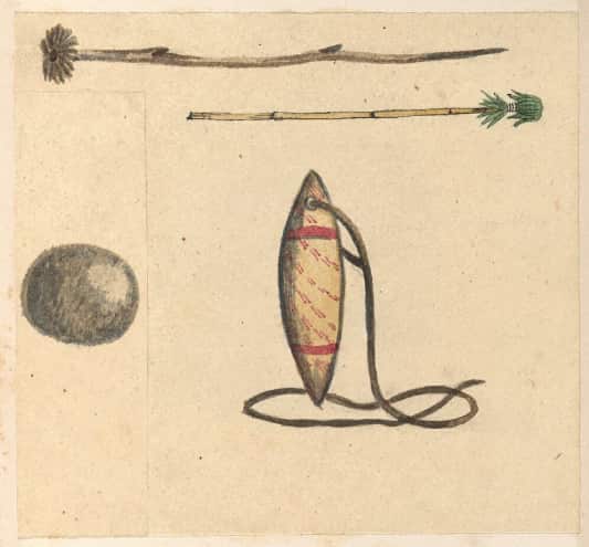Pando_ball_and_Kandomarugutta_sling,_South_Australian_Indigenous_people,_illustration_by_William_Anderson_Cawthorne_1855.png