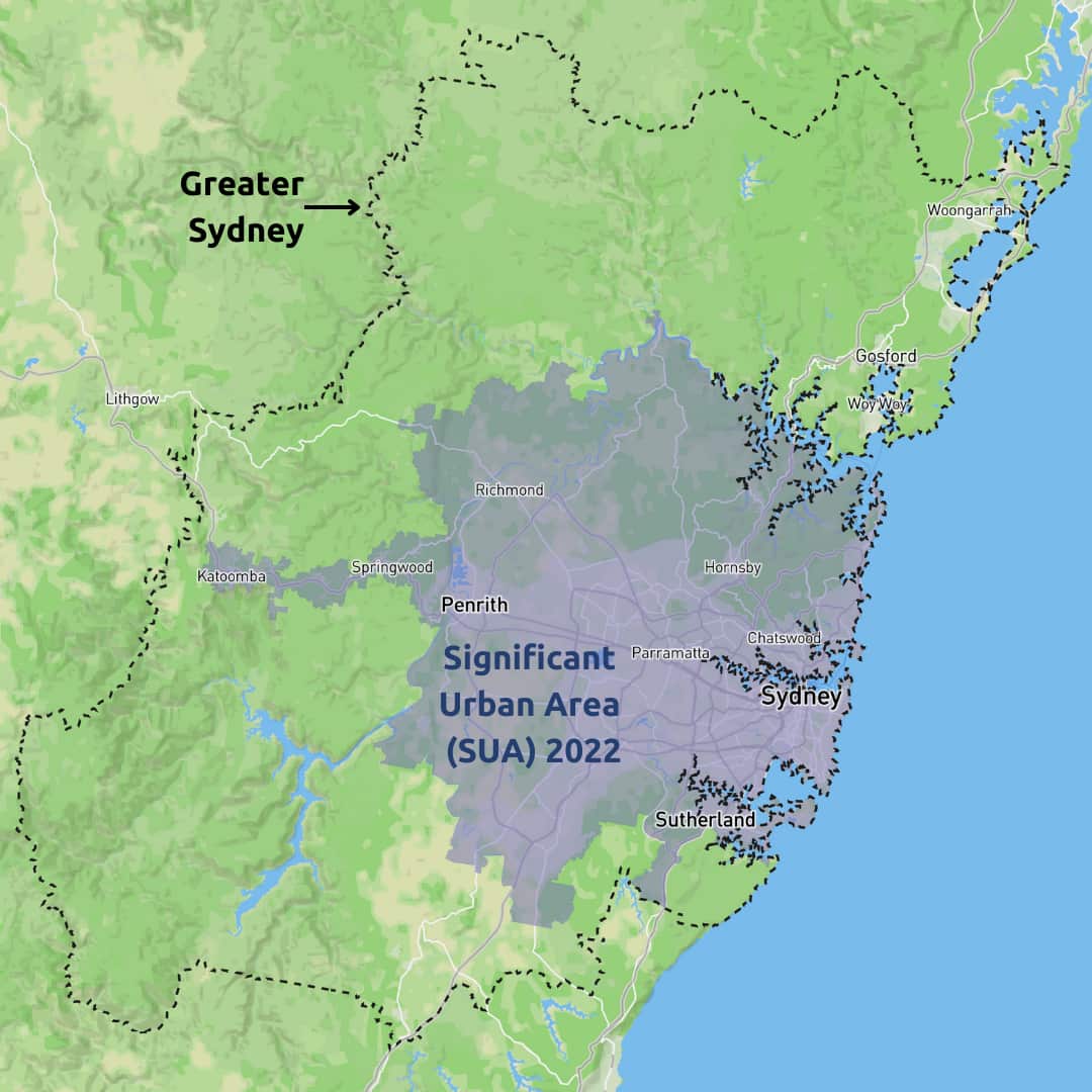 A map showing Sydney's Significant Urban Area (SUA) and greater urban area.