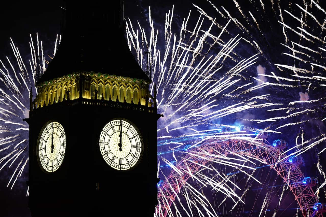 Fireworks in the Sky behind the Big Ben clock tower.