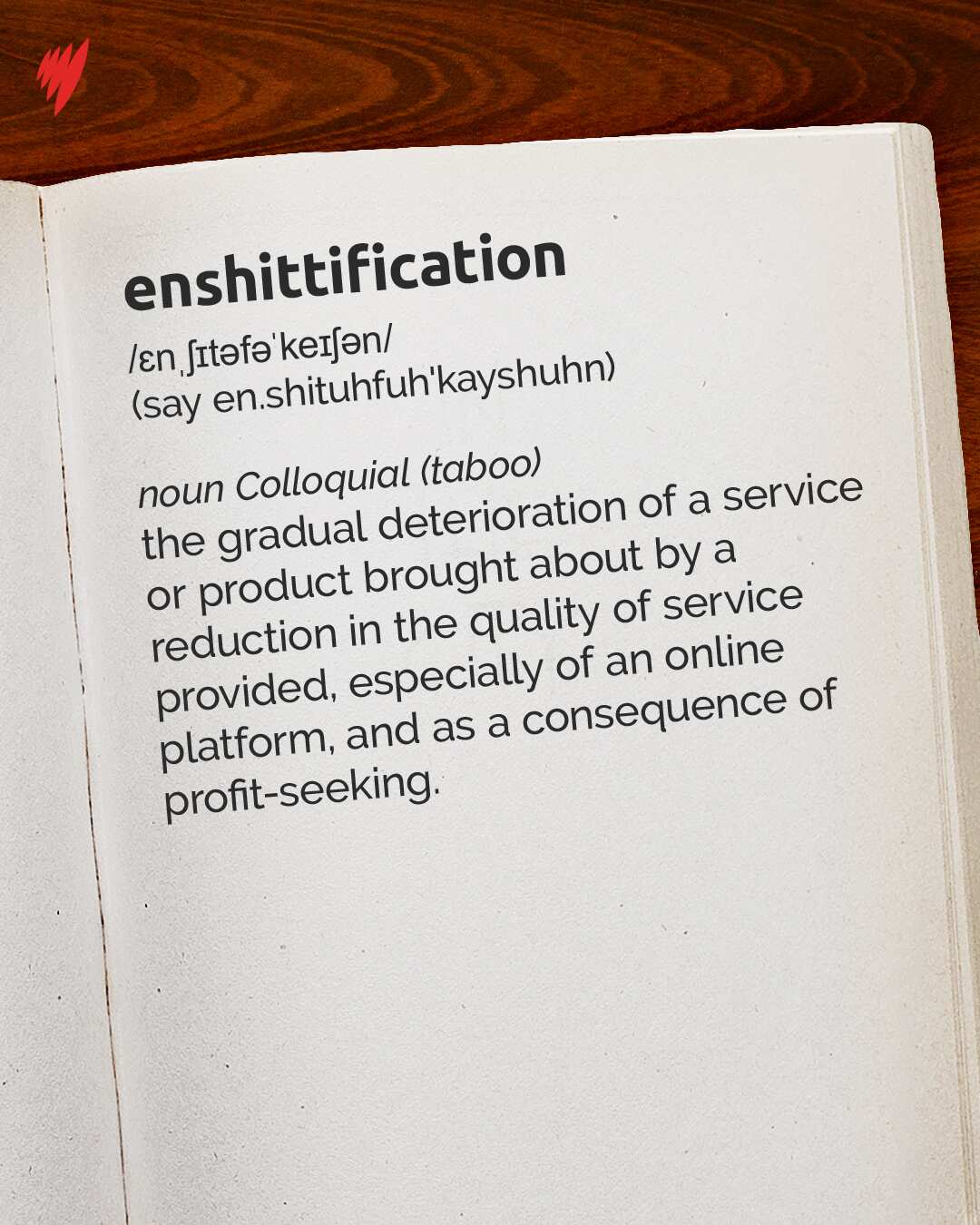 A digital illustration showing the word "enshittification" and its definition on the page of a dictionary.