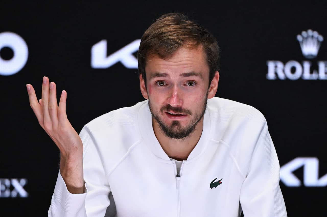 Russia's Daniil Medvedev speaks during a press conference after defeat against Italy's Jannik Sinner