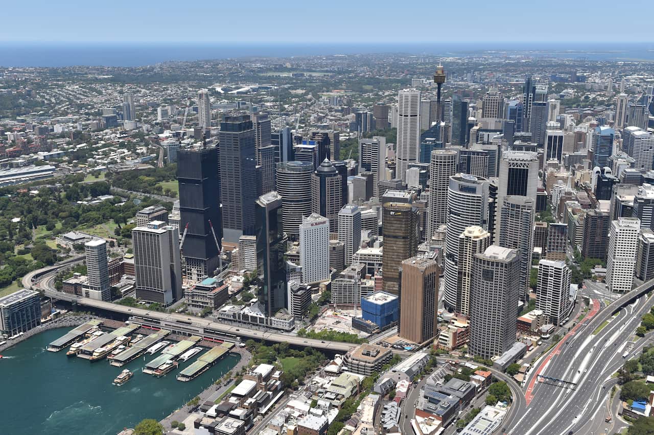 An aerial view of buildings and roads in Sydney.