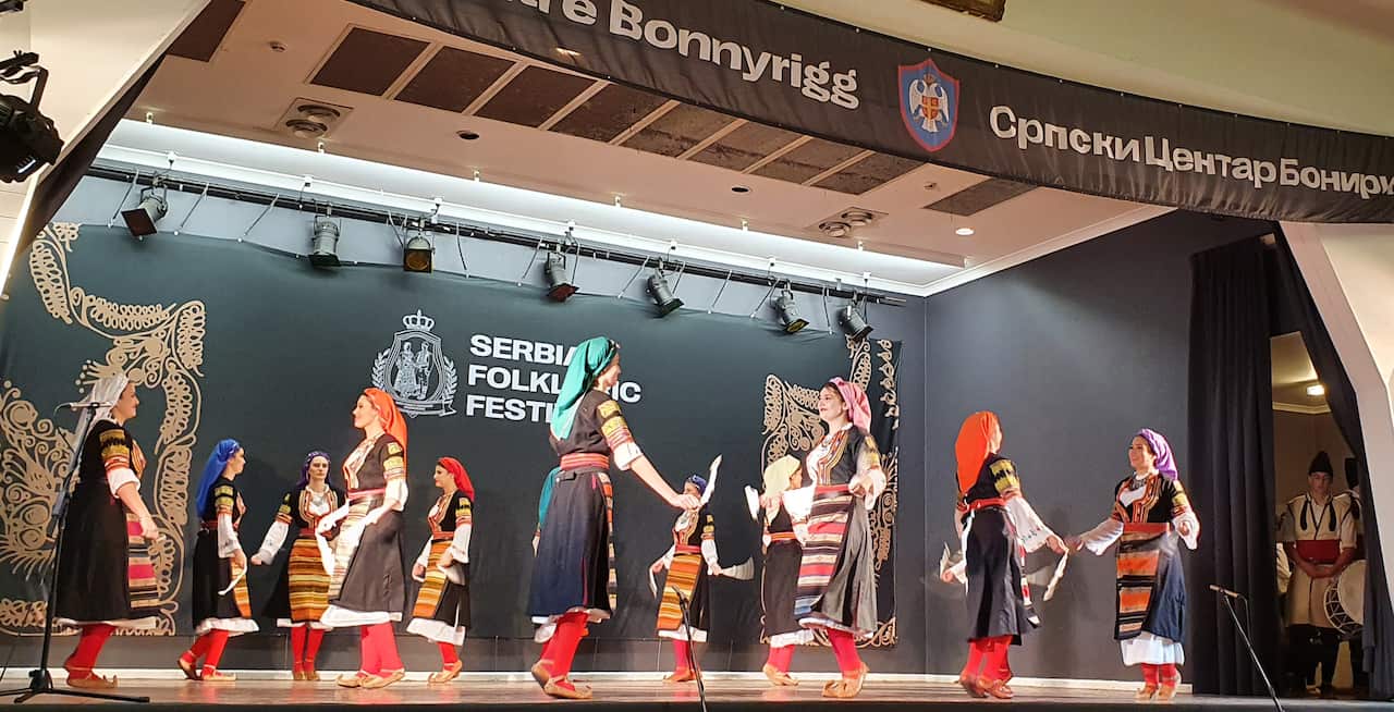 Oplenac Adelaide folkloric group performs on the stage during the 34th Serbian Folkloric Festival in Bonnyrigg, Sydney