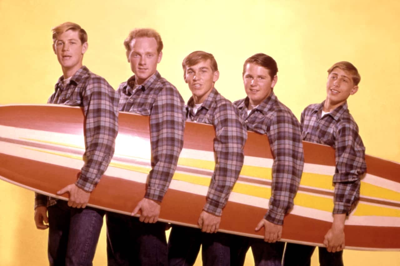 Five men, wearing the same checked shirt, and holding a surfboard.