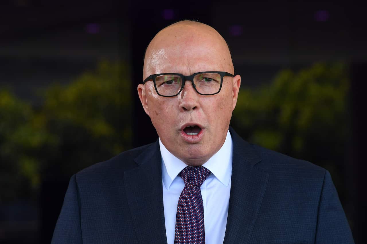 Peter Dutton speaking at a press conference.