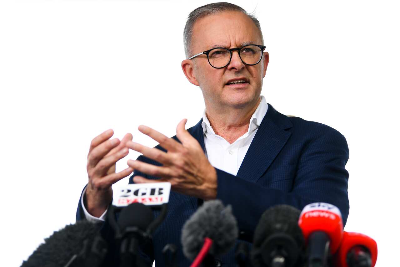 Opposition Leader Anthony Albanese speaks to the media  in Cairns.