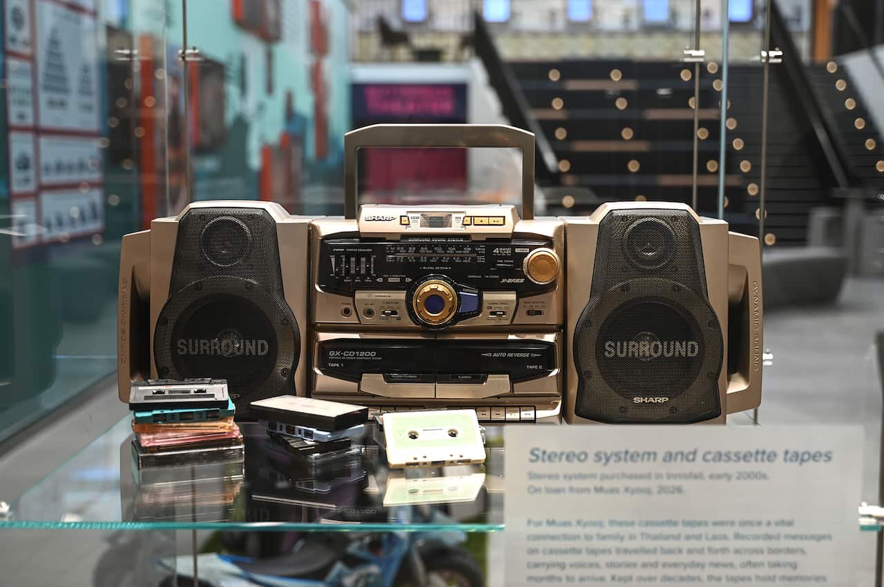 Stereo system and cassette tapes - one of the many items displayed at the Kerbside Nation Exhibition at Living Museum of Logan (ANGECOSTESPHOTOGRAPHY)