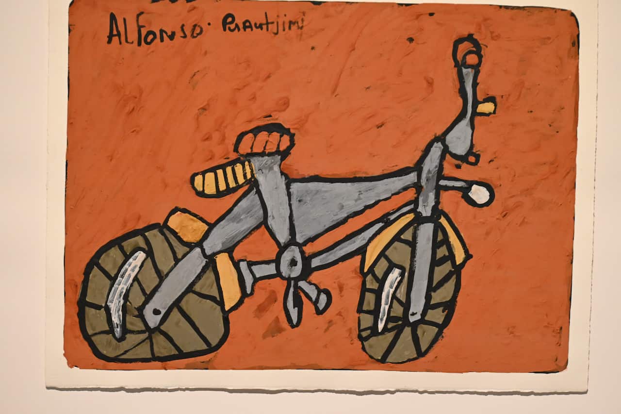 Alfonso Puautjimi's "Grey Bike" is on display at the Museum and Art of the Northern Territory as part of the 2024 NATSIAA exhibition
