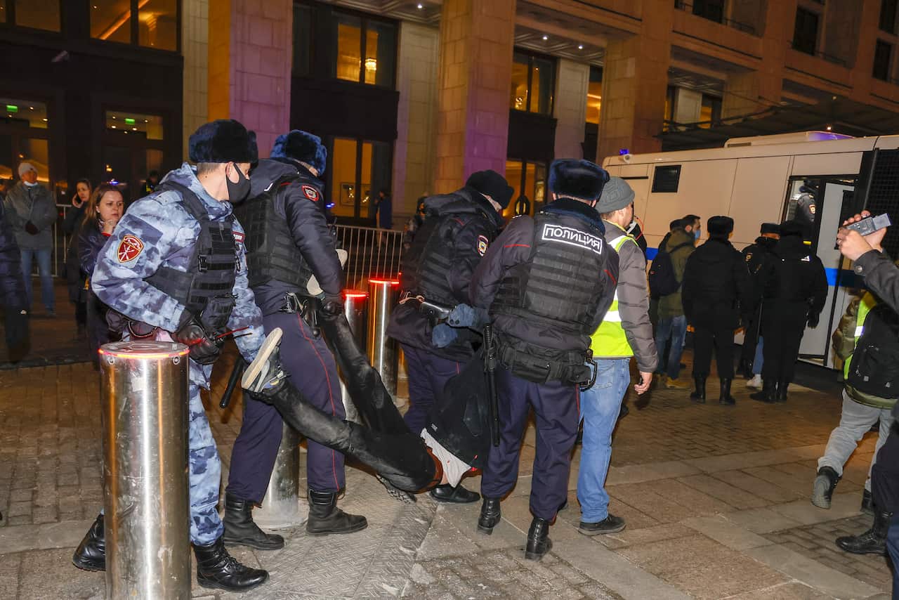 Anti-war protesters are arrested in Moscow, Russia.