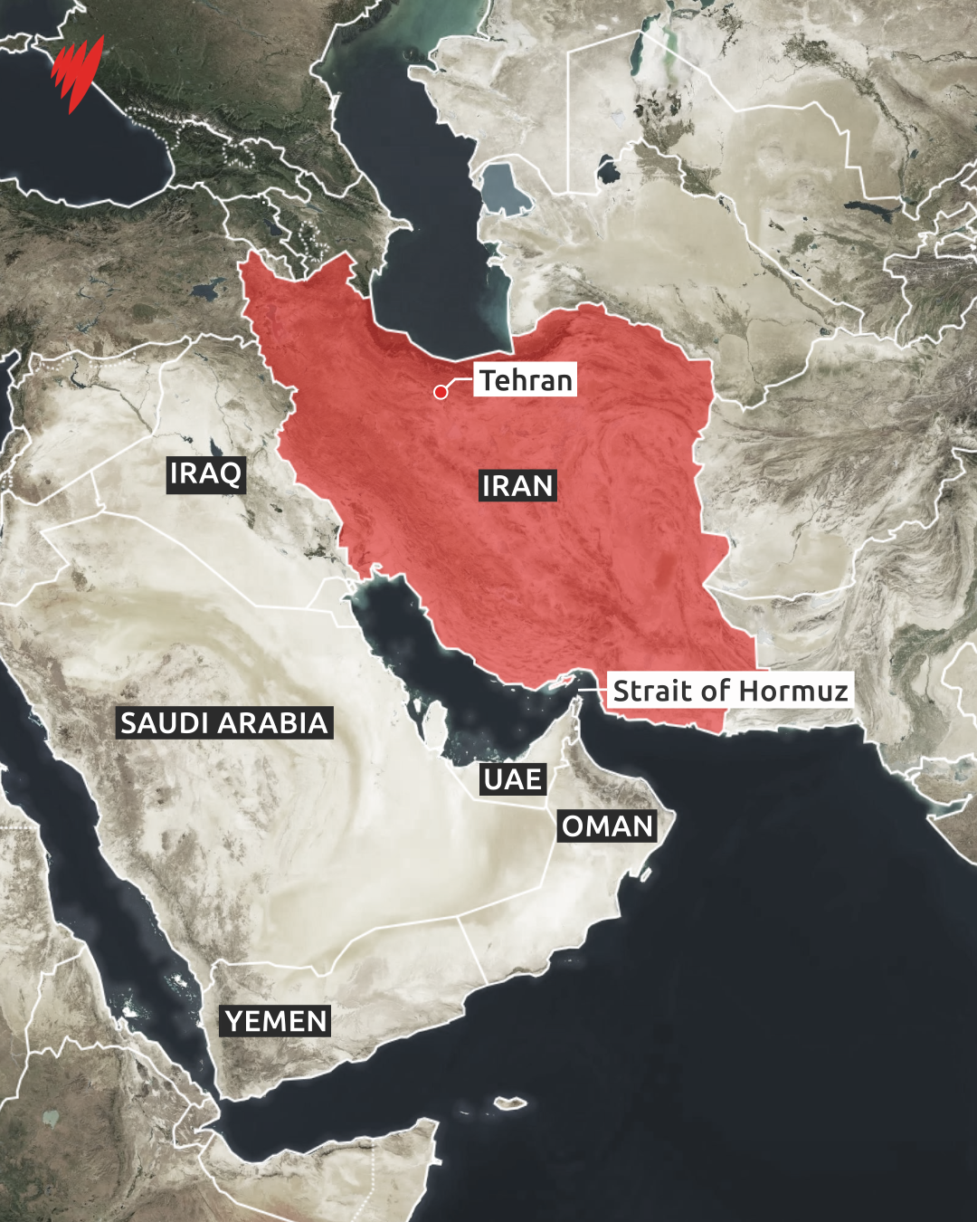 A map showing the Strait of Hormuz and the countries that border it.