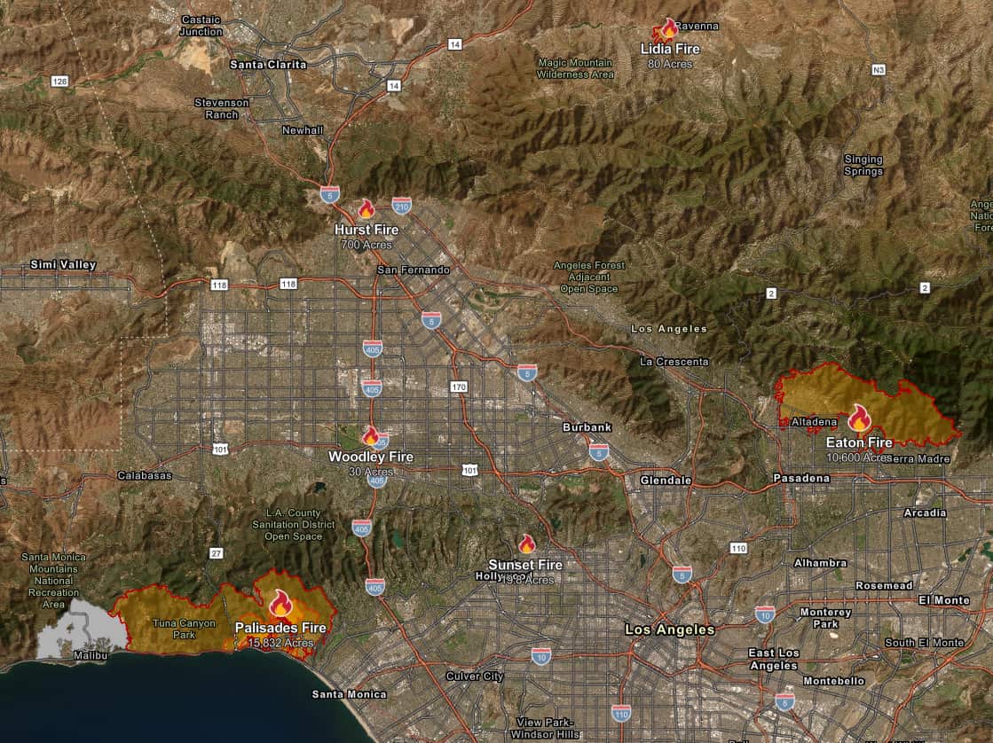 A map showing where fires are burning in Los Angeles County.