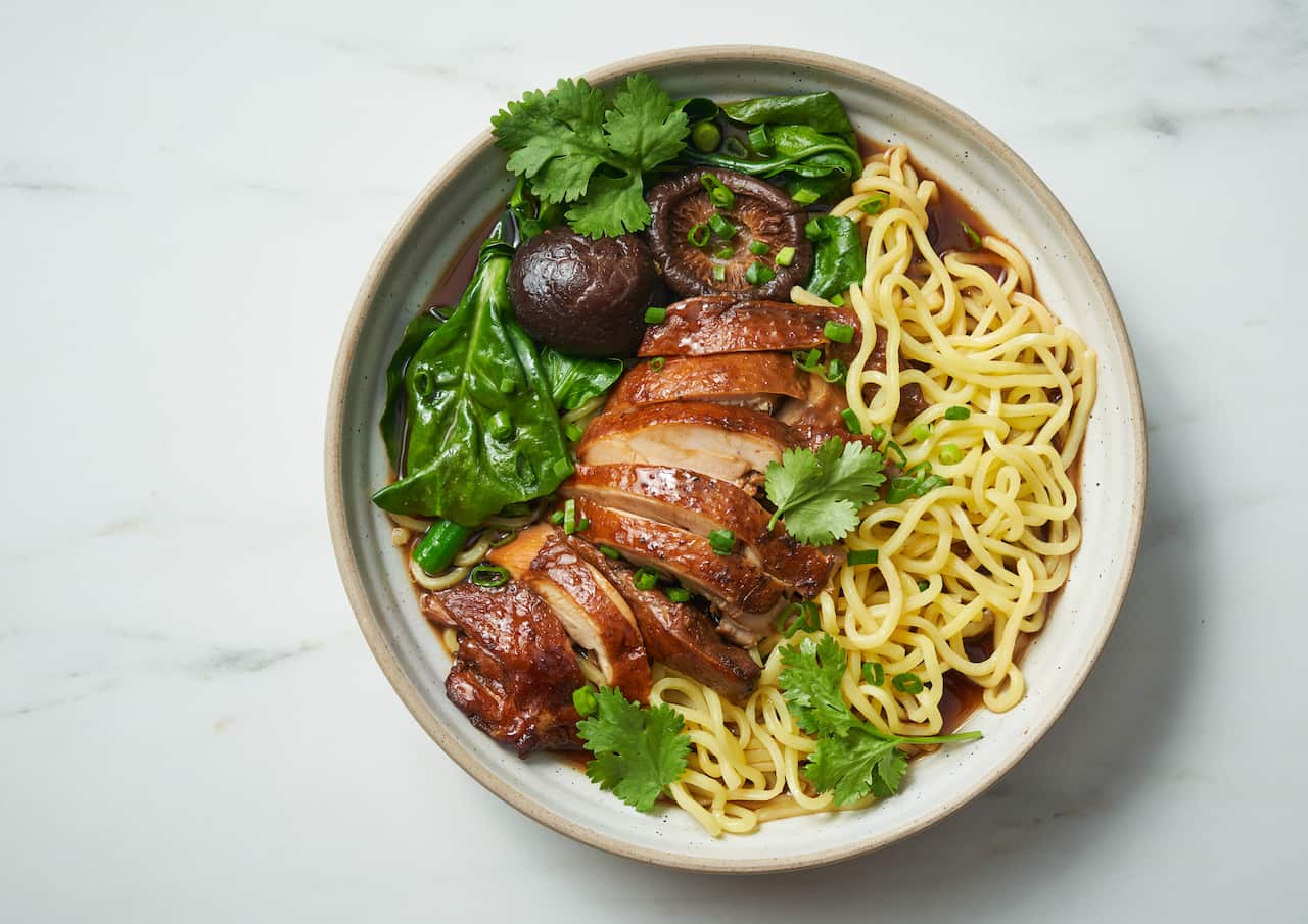 Soy-braised chicken noodles