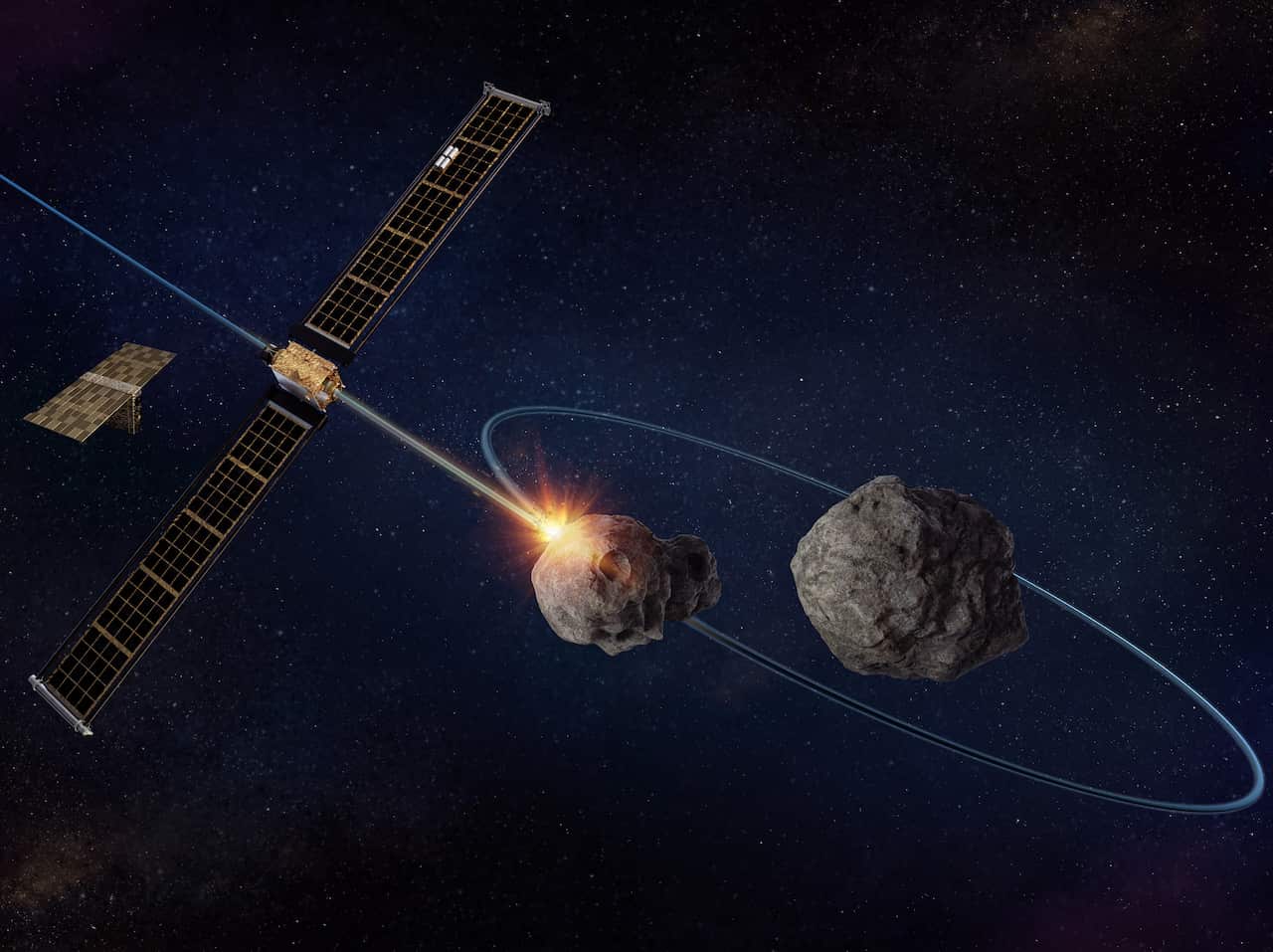 An artist rendering of the Double Asteroid Redirection Test (DART) space probe approaching the asteroid Didymos. 