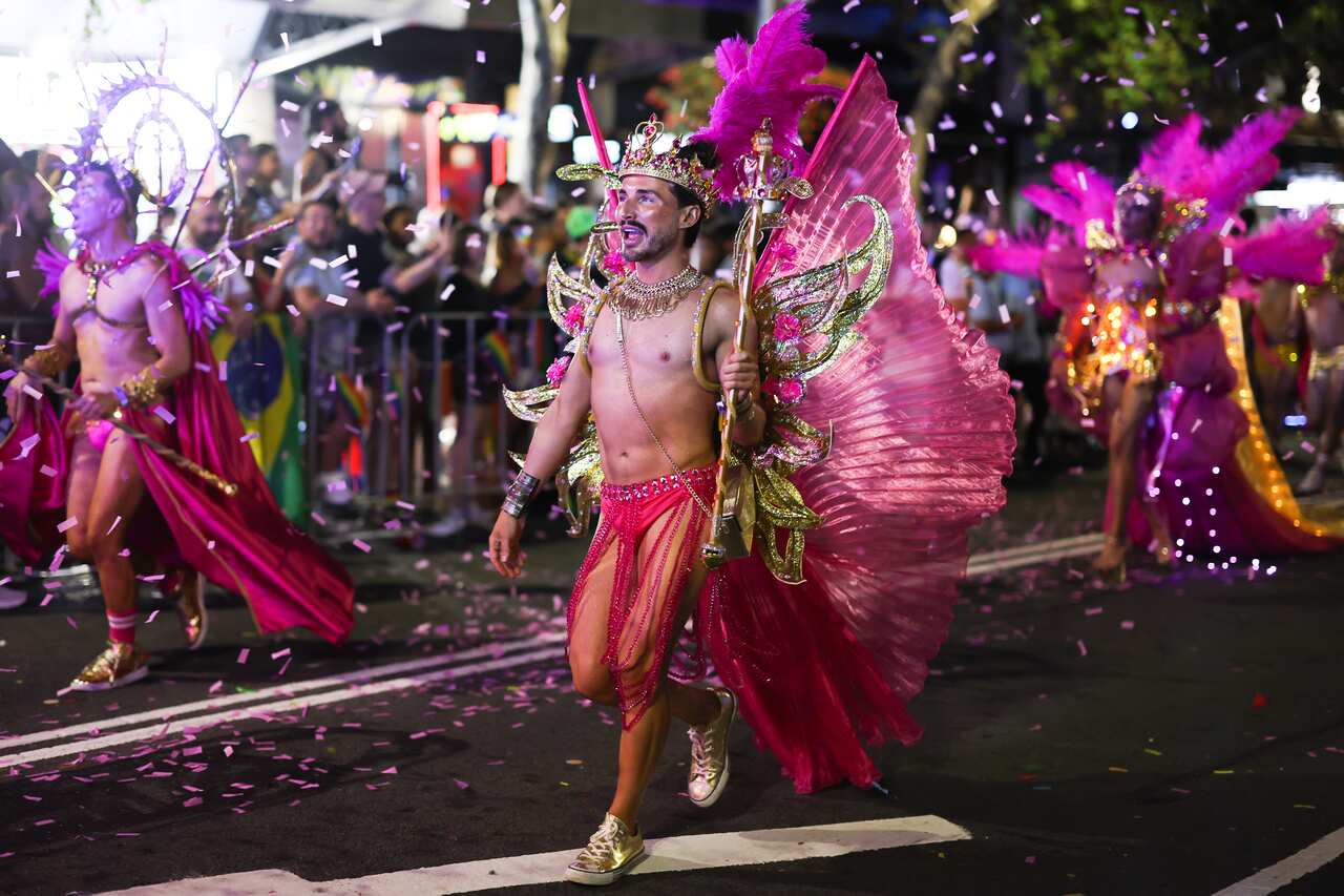A shirtless person in flamboyant pink mardi gras carnivale-themed costume.