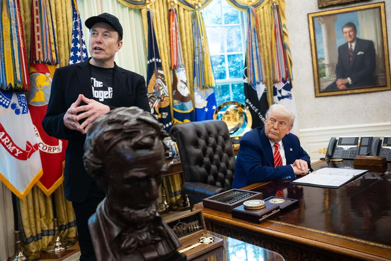 Elon Musk and Donald Trump and Elon Musk in the Oval Office.