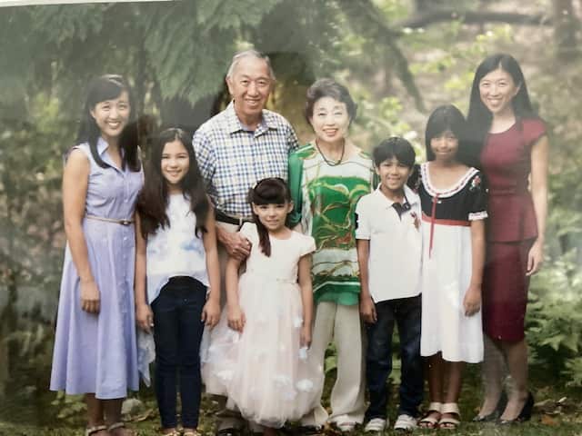 Michael Chow, Misuzu Hanihara, Clara Chow, Carina Chow and grandchildren at home's backyard in 2018..jpg