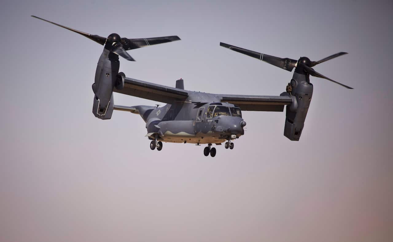 A US Bell Boeing V-22 Osprey aircraft flying in the air 
