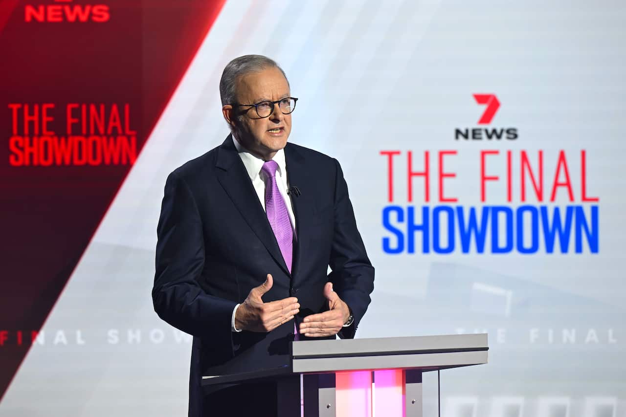 Anthony Albanese gestures with his hands as he speaks.