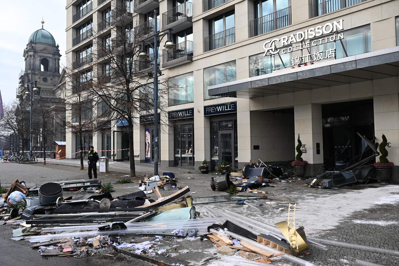 Debris from a burst aquarium on a Berlin street