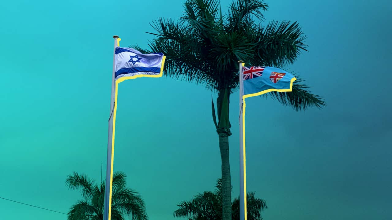 Artwork of the flags of Israel and Fiji flying on flagpoles alongside palm trees set against a blue and green background with geometric shapes.