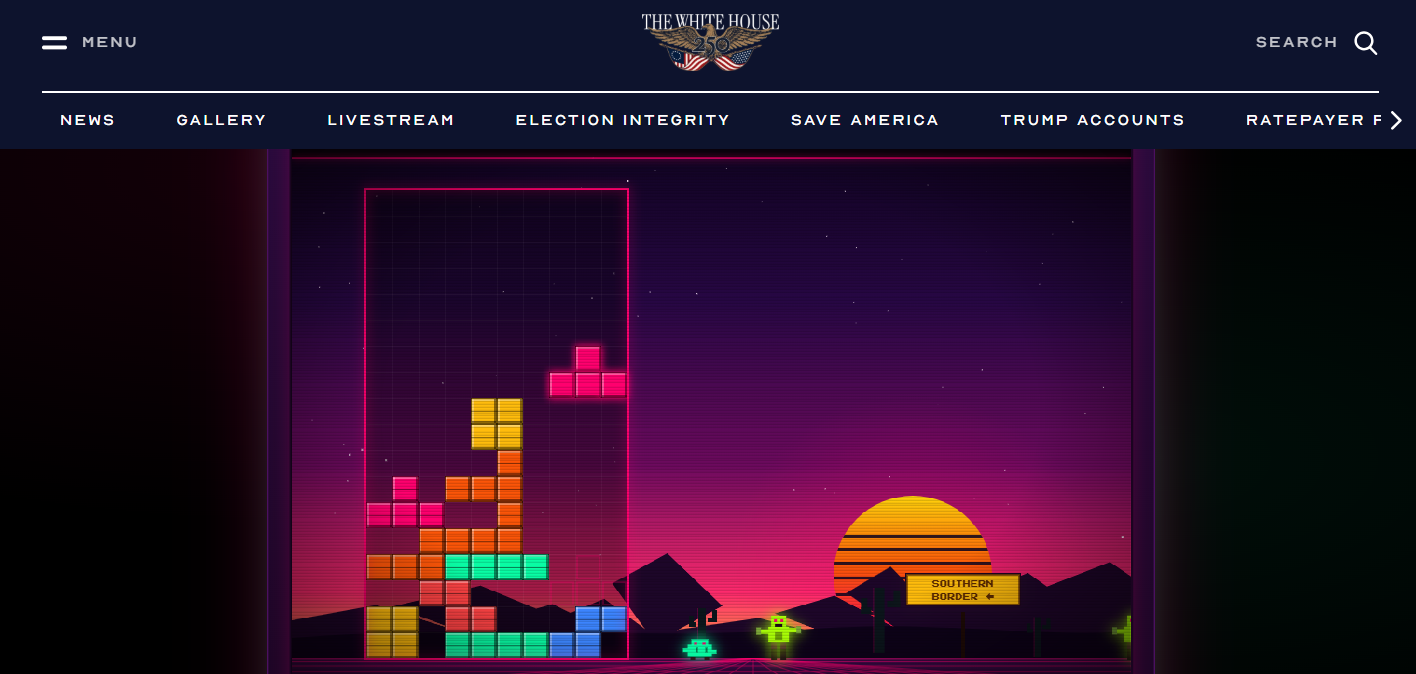 A screenshot from a video game showing coloured blocks falling in a column on the lefthand side of the image.