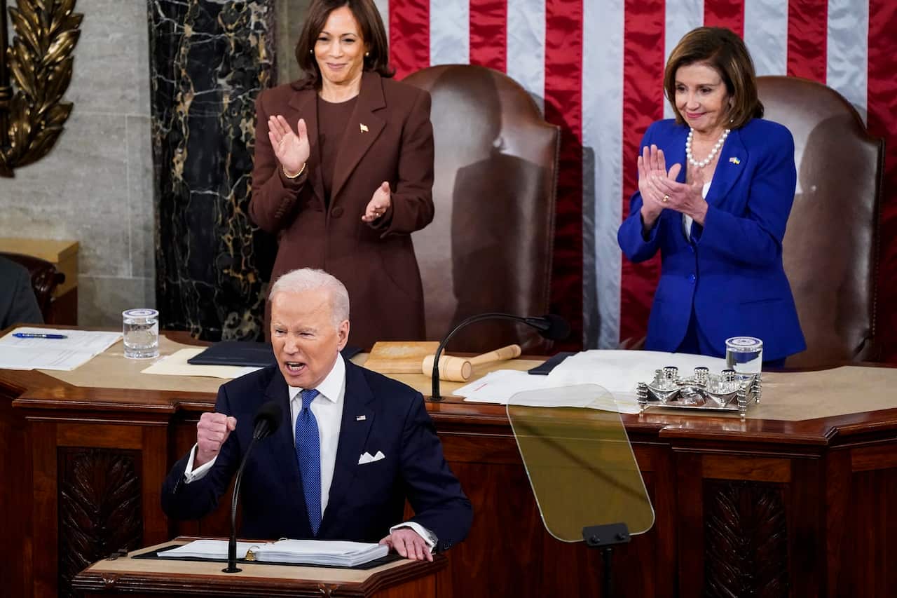 Joe Biden delivers the State of the Union address flanked by US Vice President Kamala Harris and House Speaker Nancy Pelosi.