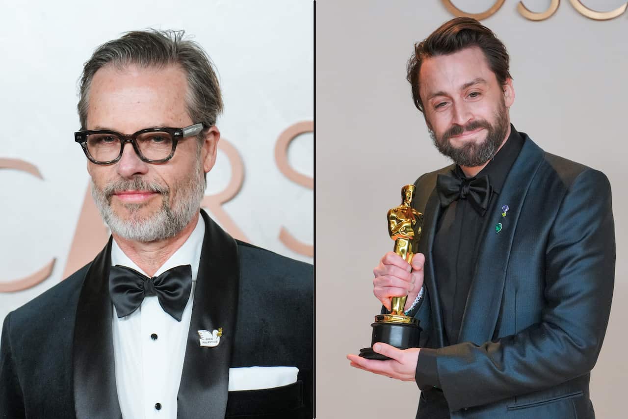 A composite image of a man in a suit on the left and another man in a suit holding an Oscar trophy on the right.