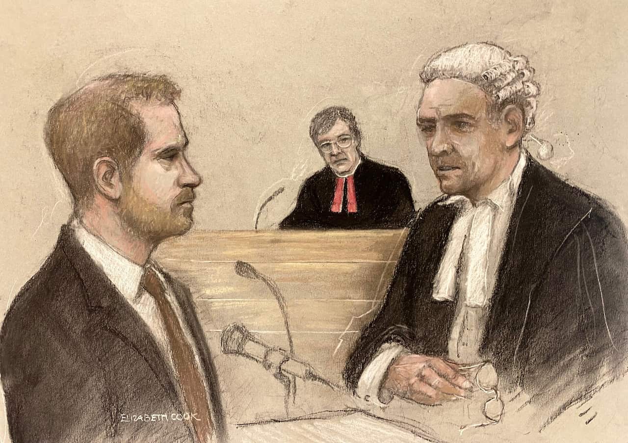 Court illustration depicting Prince Harry (man with red hair wearing suit) sitting in front of a microphone looking solemn as he faces questioning from a judge wearing robes and a white wig.
