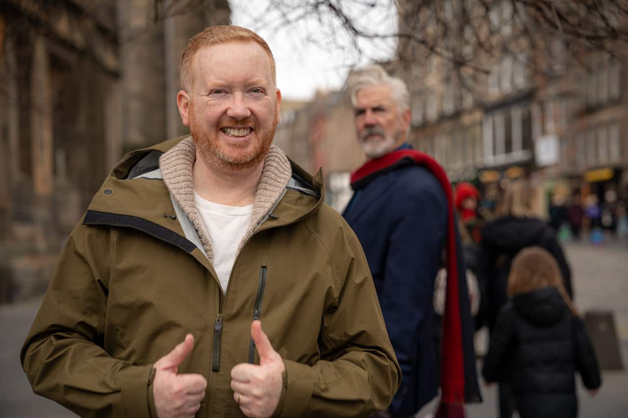 Luke McGregor and Shaun Micallef in Scotland in 'Shaun Micallef's Origin Odyssey' season 2.