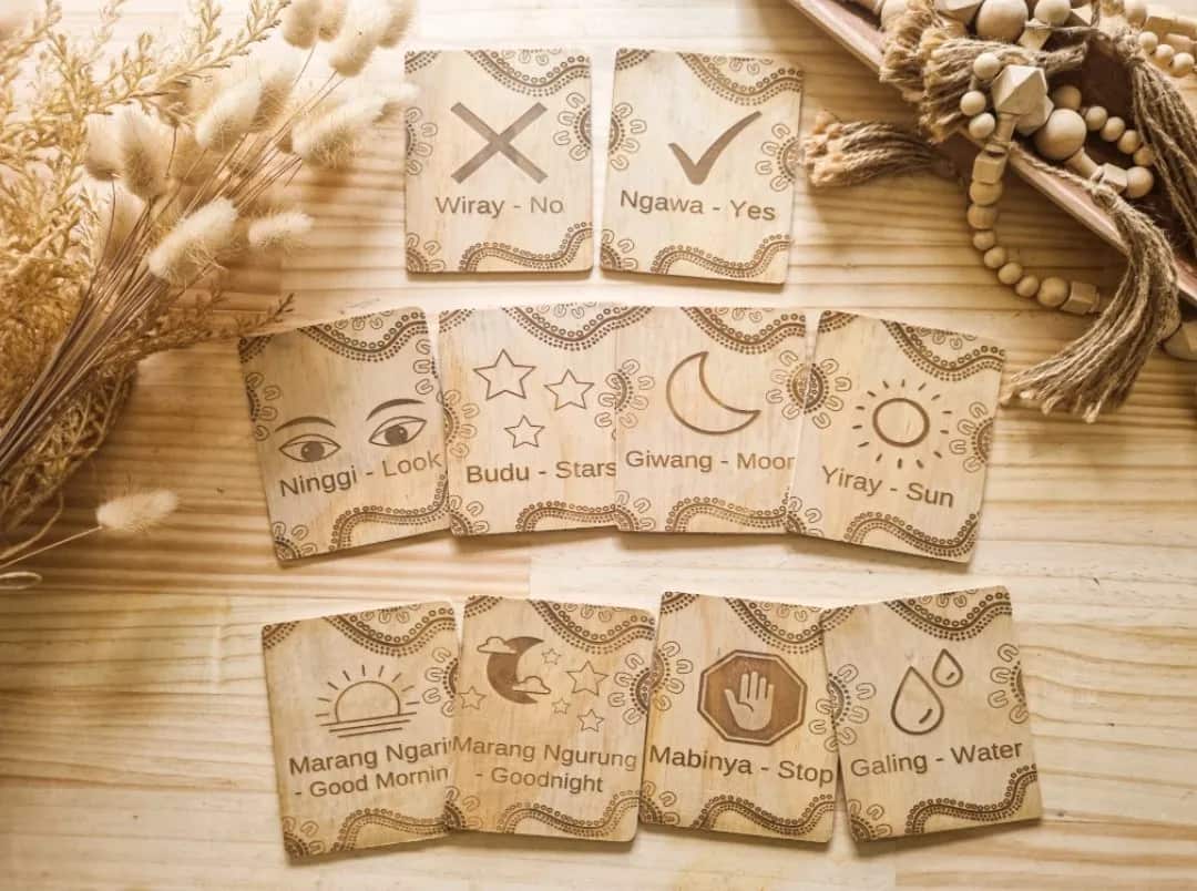 wooden cards with various images and their corresponding wiradjuri names 