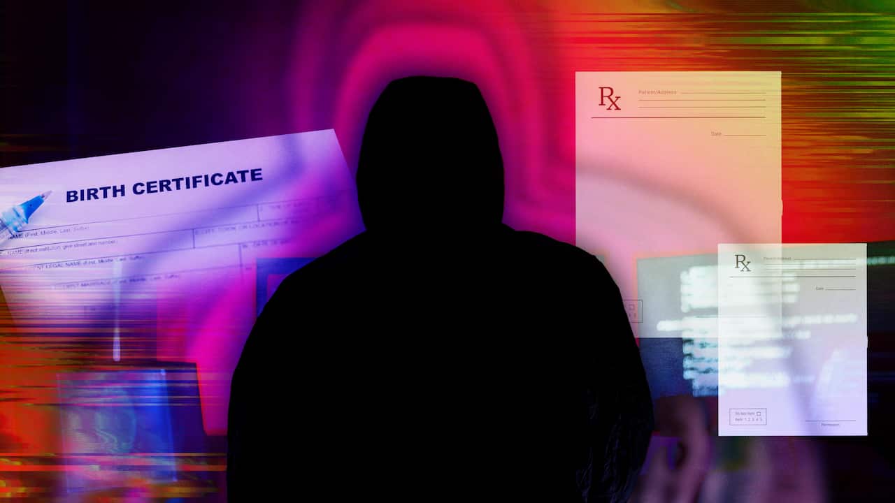 Graphic art of a silhouette of a hooded figure surrounded by personal documents