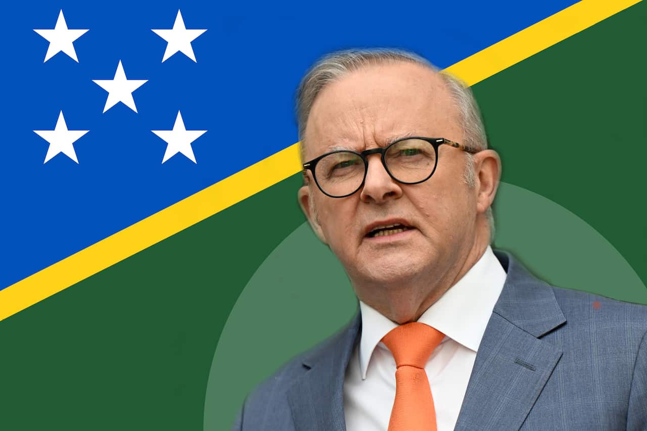 A graphic illustration shows a man in a suit with the flag of Solomon Islands behind him.