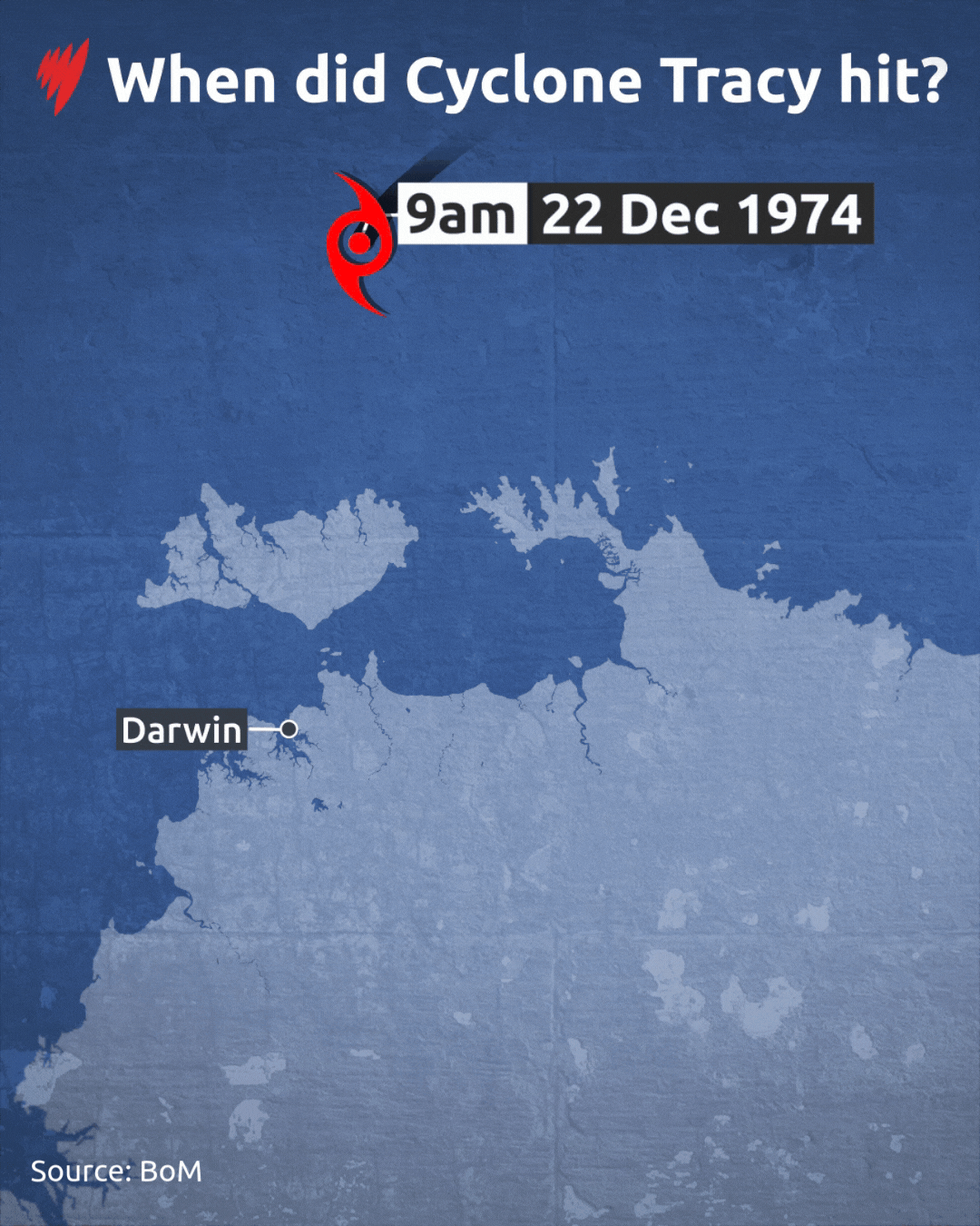A graphic showing the pathway of Cyclone Tracy in the lead up to it hitting Darwin on Christmas Day 1974.
