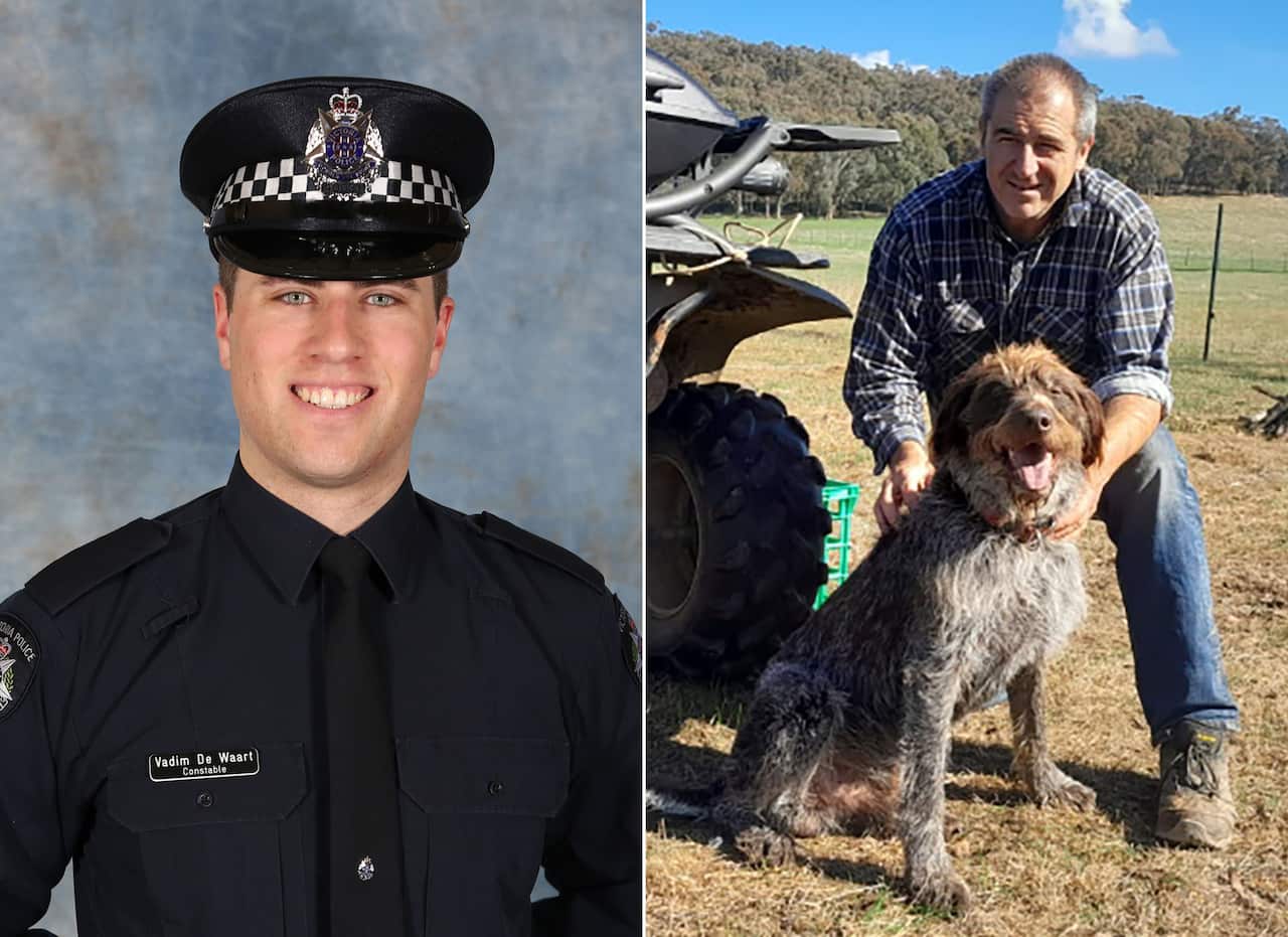 On the left, a portrait of a police officer in a dark blue shirt, tie and hat. On the right, a brown shaggy dog and a man wearing jeans and a flannel shirt. 